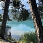 Türkisblauer Weißensee in Kärnten, Blick durch Kiefern und Holzzaun auf See und Berge, Urlaub am Weißensee